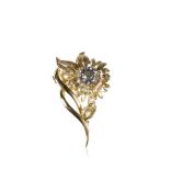 DIAMOND CLUSTER AND GOLD FLORAL SPRAY BROOCH