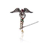 DIAMOND & ENAMEL MEDICAL CADUCEUS SYMBOLIC BROOCH