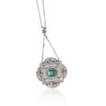 ART NOUVEAU EMERALD AND DIAMOND PENDANT NECKLACE