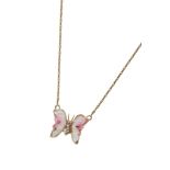 18CT YELLOW GOLD, ROCK CRYSTAL BUTTERFLY PENDANT NECKLACE