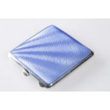 SILVER AND GUILLOCHE ENAMEL COMPACT, with double mirror interior, 6.8cm square.