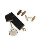 GENTLEMAN'S 9CT YELLOW GOLD CUFF LINKS, of oval monogrammed form, with chain connections, a swivel f