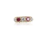 FIVE STONE DIAMOND AND RUBY RING