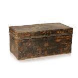 LARGE LEATHER COVERED AND BRASS BOUND TRUNK