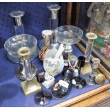 A PAIR OF CHROMIUM PLATED AND CLEAR PLASTIC CANDLESTICKS, another pair of candlesticks and other