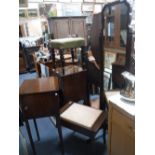 AN EDWARDIAN MAHOGANY FRAMED CHEVAL MIRROR, a piano stool and a Regency mahogany pot cupboard (3)