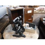 A VINTAGE 'WATSON' MICROSCOPE, in a fitted mahogany case and a collection of Vintage medical jars