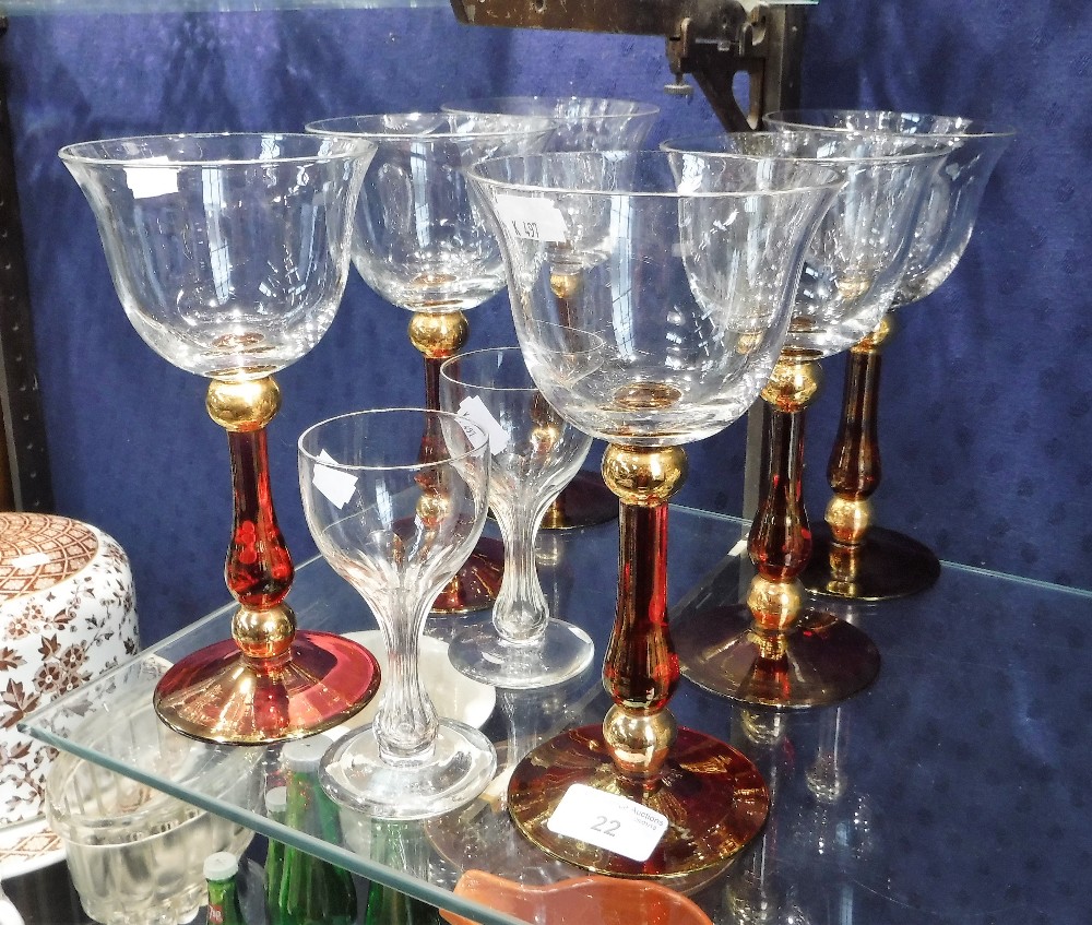 A SET OF SIX RED, GILT AND CLEAR GLASS GOBLETS and a pair of Victorian cut-glasses (8)