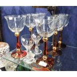 A SET OF SIX RED, GILT AND CLEAR GLASS GOBLETS and a pair of Victorian cut-glasses (8)