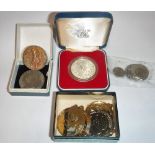 A SILVER PROOF CROWN, 1977 in fitted case and other coins