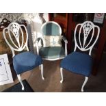 A PAIR OF EDWARDIAN CREAM PAINTED SALON CHAIRS with blue upholstery and a similar armchair with grey