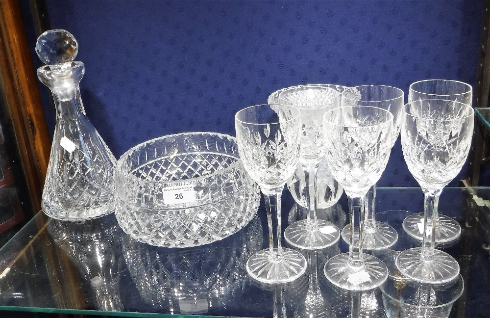 A CUT-GLASS FRUIT BOWL and a set of six wine glasses and other glassware