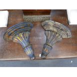 A PAIR OF HARDWOOD WALL BRACKETS with reeded carving and aged blue paintwork