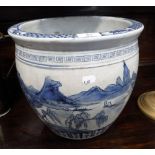 A CHINESE HAND PAINTED BLUE AND WHITE JARDINIERE, 12" dia