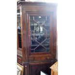 A GEORGE III GLAZED MAHOGANY CORNER CUPBOARD, 80" high x 32" wide