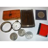 A SILVER CASED POCKET WATCH, a silver frame, coins and other items