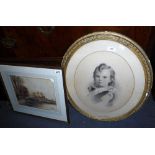 A 19TH CENTURY WATERCOLOUR OF CATTLE BY A BRIDGE and a gilt framed drawing of a child