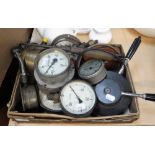 A VINTAGE BRASS CASED 'POUNDS PER SQUARE INCH' PRESSURE GAUGE, others similar and sundries