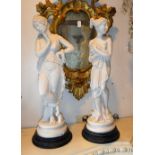 A PAIR OF 19TH CENTURY STYLE MARBLE EFFECT RESIN FIGURES of two classical maidens, 17" high