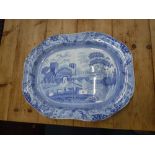 A LARGE 19TH CENTURY SPODE BLUE AND WHITE TRANSFER DECORATED MEAT PLATE, 20.5" wide