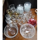 A COLLECTION OF VICTORIAN CRANBERRY GLASS DISHES, a cut glass bowl and similar glassware