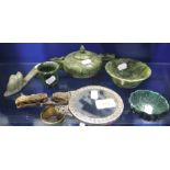 CARVED 'JADE' ITEMS including a hand mirror, belt hook and others