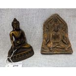 AN ANTIQUE TIBETAN BRONZE of a seated Buddha and a terracotta votive plaque