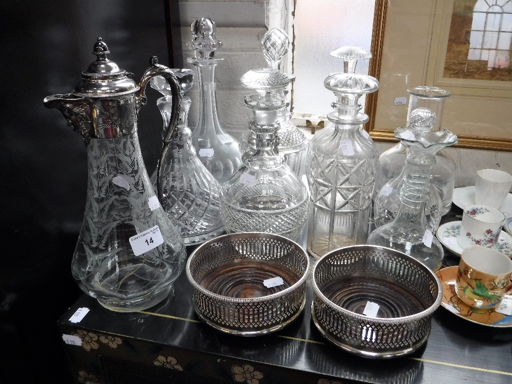 A VICTORIAN CUT-GLASS CLARET JUG with silver plated mounts, various decanters, glassware and a