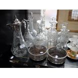 A VICTORIAN CUT-GLASS CLARET JUG with silver plated mounts, various decanters, glassware and a