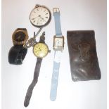 A GENTLEMAN'S SILVER POCKET WATCH, a gentleman's yellow gold wristwatch and other wristwatches