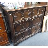 AN 18TH CENTURY OAK MOULDED FRONT CHEST OF THREE DRAWERS, 37" high x 42.5" wide