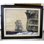BRITISH MAN O' WAR, 'MERMAID' engaged in a naval battle, watercolour and gouache, dated 1934