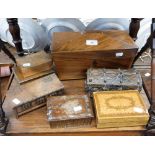 A 19TH CENTURY MAHOGANY TEA CADDY, a Sorrento ware box and similar wooden boxes