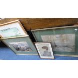 A 19TH CENTURY WATERCOLOUR OF A CONTINENTAL HILLTOP TOWN, a portrait of a boy and other pictures