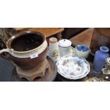 A BRANNAM GLAZED TERRA COTTA CHAMBER POT and a collection of similar ceramics