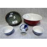 A CHINESE PORCELAIN LOTUS 'LUCKY' BOWL with green crackle glaze, four further items and two wine