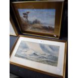 D.H. MCKEWAN; CASTLE RUINS, watercolour and an indistinctly signed watercolour of boats in a