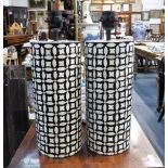 A PAIR OF CONTEMPORARY BONE INLAID TABLE LAMPS, of cylinder form, 13" high (plus electric fittings)