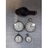 A LADIES SILVER FOB WATCH, two pocket watches and one other fob watch (4)