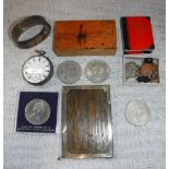 A VICTORIAN WHITE METAL BANGLE, a small silver frame, pocket watch and other items
