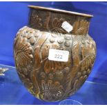 A LATE 19TH CENTURY COPPER JARDINIERE with repousse leaf and berry decoration, signed and dated