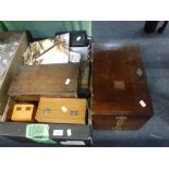 A VINTAGE MAHOGANY MICROSCOPE BOX, a collection of microscope slide boxes and similar items