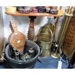 A SET OF BRASS FIRE TOOLS, a brass bound oak 'barrel' bucket, a pair of bellows and similar items