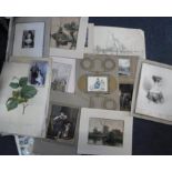 A COLLECTION OF UNFRAMED PICTURES AND PRINTS including 19th century album pages