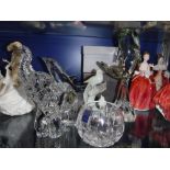 A WATERFORD CRYSTAL ELEPHANT, a Murano glass dolphin, an Oriental bird on wood base and other