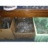 A LARGE COLLECTION OF VARIOUS GLASS TABLEWARE, decanters and other glassware (3 boxes)