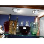 A RED ART GLASS BOWL, a pair of clear and green glass carafes and other various Art and coloured