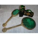 A CONTIENTAL GILT METAL AND GREEN GLASS BRUSH AND DRESSING MIRROR and a similar posy vase and letter