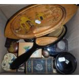 AN EBONISED MIRROR and handbrush, treen, coins and sundries