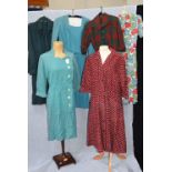 A COLLECTION OF VINTAGE CLOTHING including a 1940's green threequarter length sleeve day dress, with